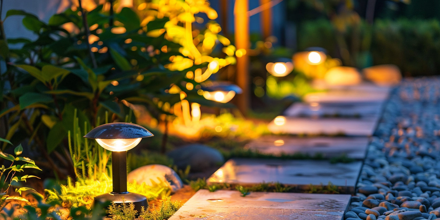 Landscape path light glowing at dusk.